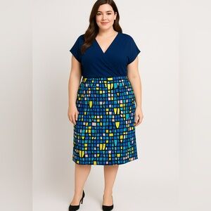 NEW Leota USA-made blue yellow dolman sleeve wrap dress,‎ size 1L